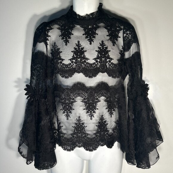 N by Nancy SZS Black Lace Sheer Blouse Boho Dark Romance Feminine Whimsigoth - Picture 1 of 8